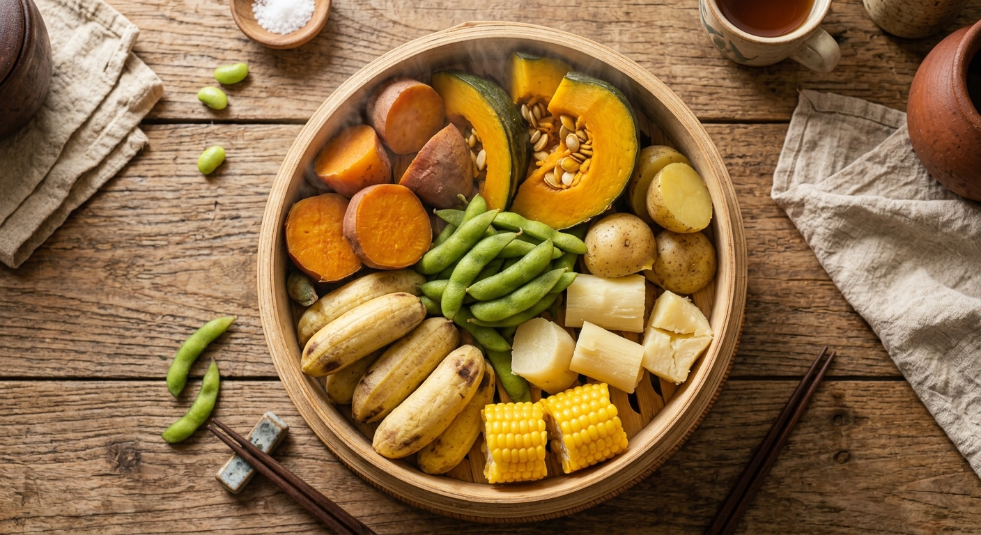 Kukusan sederhana berisi hidangan sehat seperti ubi jalar, labu, edamame, kentang, singkong, pisang, dan jagung manis