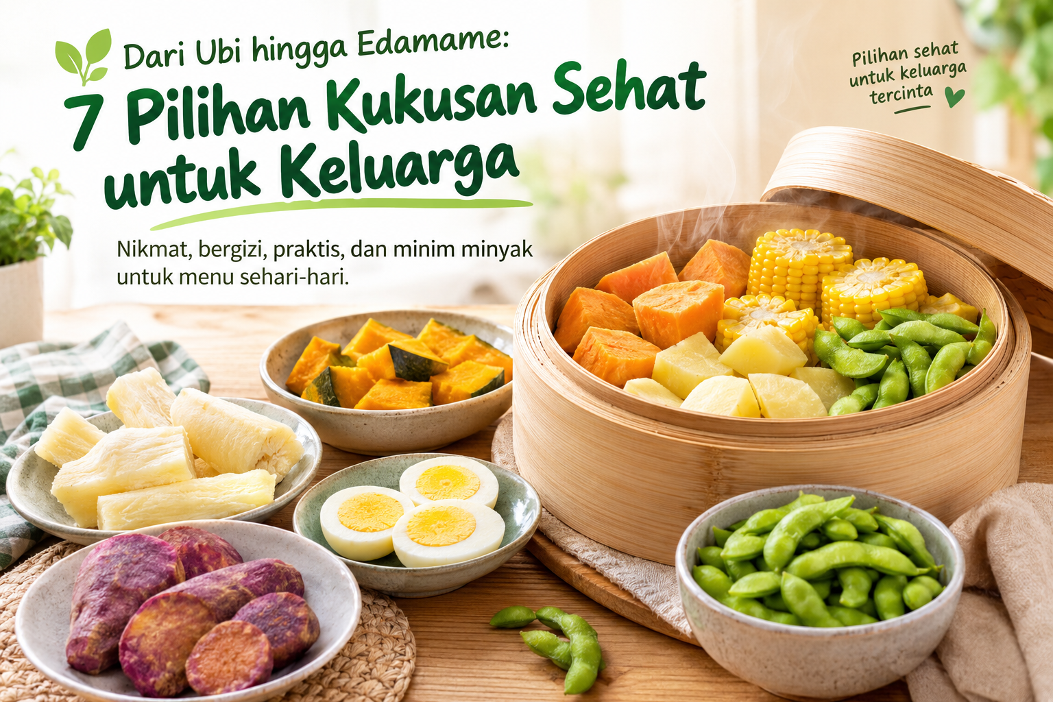 7 pilihan kukusan sehat untuk keluarga berupa ubi, kentang, jagung, singkong, labu, telur, dan edamame