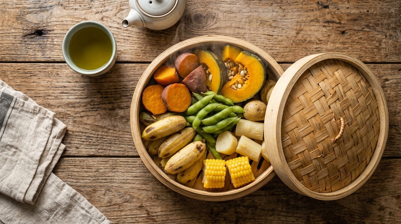 Hidangan sarapan sehat praktis dan mengenyangkan berisi kukusan jagung, ubi jalar, edamame, dan pisang dalam wadah bambu