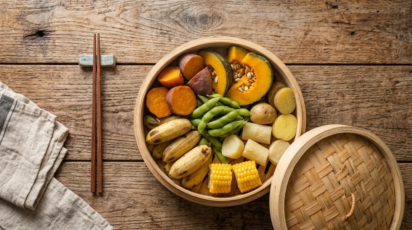 Kukusan bambu berisi aneka bahan makanan alami sehat seperti jagung manis, ubi jalar, edamame, dan singkong sebagai solusi pola makan sehat