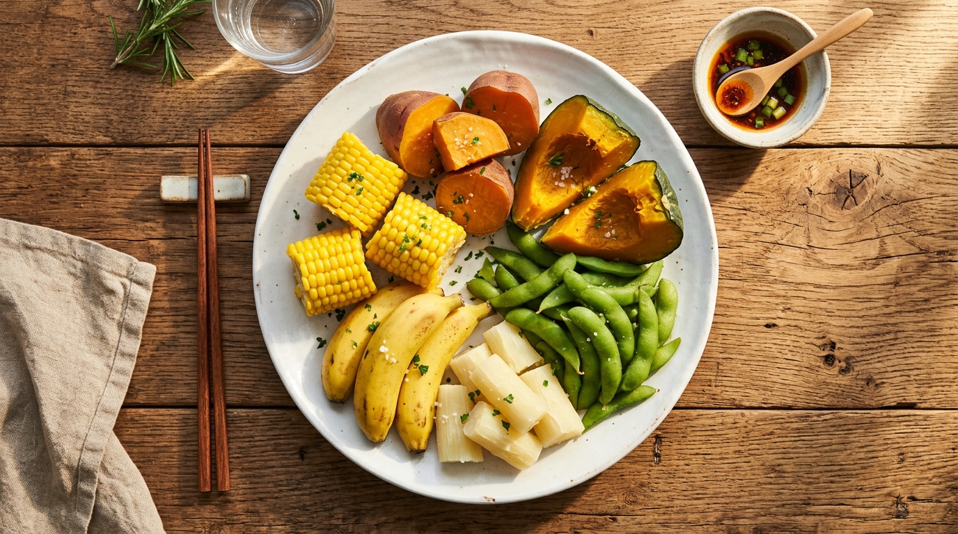 Piring putih berisi sajian real food kukusan sehat seperti ubi jalar, labu, edamame, jagung, singkong, dan pisang